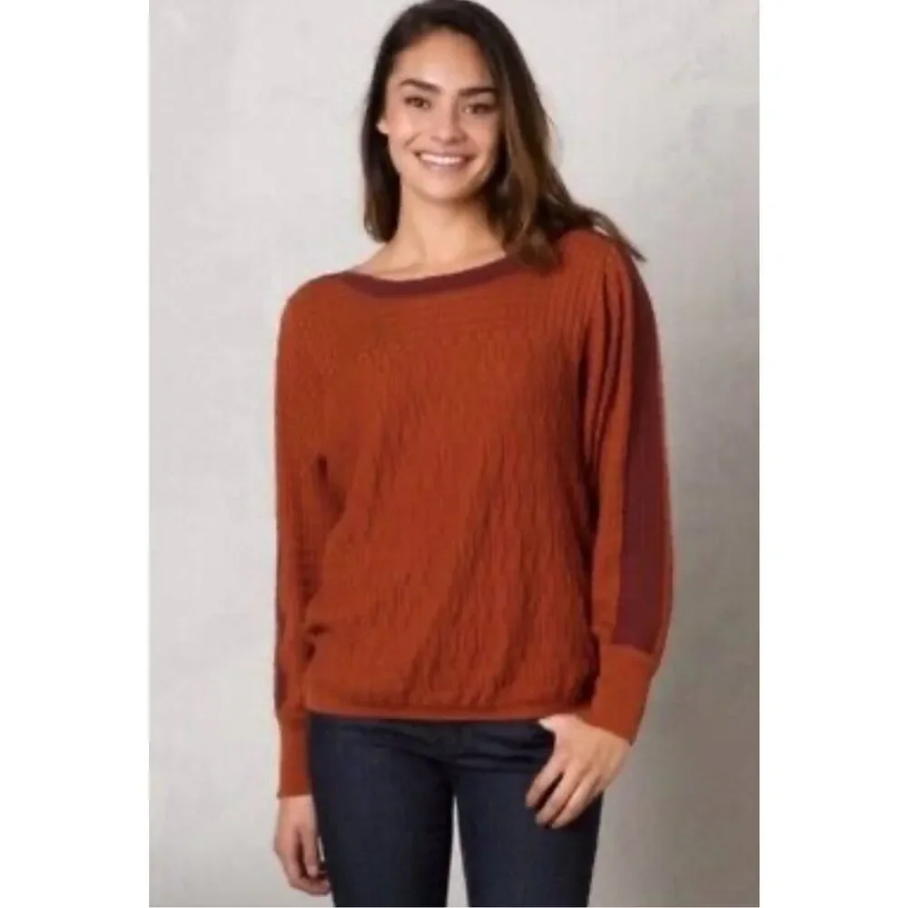 Prana WOMENS Medium Rust Organic Cotton Crew Neck Cable Knit Sweater Sustainable